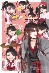  >_< 2boys aged_down ahoge black_boots black_hair black_hanfu blush boots bowl brown_hair carrying chenqing_flute chibi chibi_inset child chili_pepper chinese_clothes closed_eyes coat cooking dizi eating english_text flower flute flute_tassel food food_on_face grey_coat grey_eyes hair_down hair_ribbon half_updo hand_on_another's_head hanfu headband headpat highres holding holding_bowl holding_flute holding_food holding_instrument holding_pinwheel holding_spoon holding_toy holding_vegetable instrument kanda_faf2 lan_sizhui lan_sizhui_(young) long_hair long_sleeves looking_at_another looking_at_viewer male_focus modao_zushi multiple_boys multiple_views official_alternate_costume official_alternate_hairstyle open_clothes open_coat open_mouth piggyback pinwheel ponytail radish red_ribbon red_sash ribbon robe saliva sash sidelocks smile spoon tassel tears toy transverse_flute twitter_username vegetable violet_eyes watermark wei_wuxian wei_wuxian_(yiling_laozu) white_hanfu white_ribbon wide_sleeves 