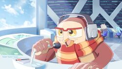  1boy anime_coloring furry furry_male glasses headset highres indoors male_focus microphone nite_the_owl_(sonic) owl_boy people red_scarf ririkuma0530 scarf solo_focus sonic_(series) sonic_the_hedgehog_(idw) 