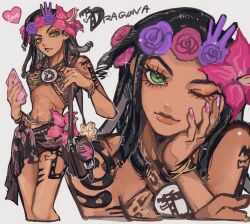  1girl animal_print arm_tattoo black_hair bracelet cellphone commentary crop_top dark-skinned_female dark_skin dragona_joestar dreadlocks eyelashes flower green_eyes hair_flower hair_ornament head_wreath hibiscus highres holding holding_phone jewelry jojo_no_kimyou_na_bouken leg_tattoo leopard leopard_print midriff naru_tomaki one_eye_closed phone pink_nails sarong smartphone symbol-only_commentary tattoo the_jojolands 