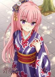  1girl alternate_costume blunt_bangs blush closed_mouth commentary_request day eyes_visible_through_hair hair_between_eyes hand_up highres japanese_clothes kimono long_hair long_sleeves looking_at_viewer mitsukasa_ayase outdoors paid_reward_available pink_hair ponytail purple_kimono riddle_joker sidelocks smile solo split_mouth straight_hair striped_clothes striped_kimono tamba_i tile_floor tiles vertical-striped_clothes vertical-striped_kimono very_long_hair violet_eyes wide_sleeves 
