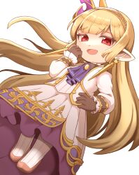  ascot brown_gloves brown_hair commentary_request dress earrings full_body gloves granblue_fantasy granblue_fantasy:_relink hair_ornament hairband harvin hidemushi highres jewelry long_hair long_sleeves looking_at_viewer maglielle_(granblue_fantasy:_relink) open_mouth pantyhose petite pointy_ears purple_ascot red_eyes shoes skirt smile solo solo_focus white_background white_dress 