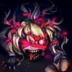  blonde_hair crawling crazy_eyes creepy ebizome eyepatch hair_ribbon open_mouth outstretched_hand red_eyes ribbon rumia saliva solo teeth tongue touhou youkai 