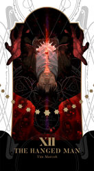  1boy black_hair black_jacket card_(medium) character_name closed_eyes collared_shirt cupping_hands emmmerald english_commentary english_text fullmetal_alchemist highres jacket male_focus md5_mismatch own_hands_together parted_lips philosopher's_stone roman_numeral shirt solo_focus star_(symbol) tarot tarot_(medium) teeth the_hanged_man_(tarot) tim_marcoh upside-down white_shirt 