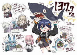  2boys 5girls alexandrina_sebastiane alternate_muscle_size anby_demara animal bangboo_(zenless_zone_zero) belle_(zenless_zone_zero) billy_kid blue_eyes blue_hair blush_stickers crying evelyn_chevalier fish holding_above_head multiple_boys multiple_girls musical_note one_eye_closed open_mouth shark soukaku_(zenless_zone_zero) squiggle streaming_tears tears translation_request tsukishiro_yanagi von_lycaon wakaba_(wata_ridley) zenless_zone_zero 