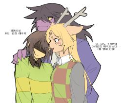  1other 2girls animal_ears antlers black_eyes black_hair blonde_hair blue_eyes blush bringyousoon brown_fur brown_hair brown_shirt buck_teeth checkered_clothes checkered_sweater_vest checkered_vest collared_shirt colored_sclera colored_skin commentary_request deer_antlers deer_ears deer_girl deltarune expressionless freckles furry furry_female green_sweater hand_on_another's_shoulder head_rest highres horns korean_commentary kris_(deltarune) leaning_on_person long_hair medium_hair messy_hair multiple_girls noelle_holiday purple_scales purple_skin red_nose reindeer_girl reptile_girl shaded_face shirt single_horizontal_stripe slit_pupils smile susie_(deltarune) sweatdrop sweater teeth two-tone_sweater_vest utdr_(toby_fox) vest yellow_sclera 