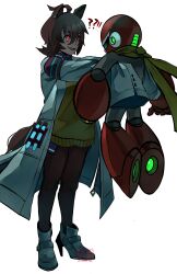  1boy 1girl absurdres agnes_tachyon_(tach-nology)_(umamusume) agnes_tachyon_(umamusume) ahoge android animal_ears arm_cannon assault_visor belt black_pantyhose black_shirt bodysuit boots brown_hair collared_shirt commentary commission danyhu16 english_commentary full_body gloves grey_bodysuit hair_between_eyes helmet highres horse_ears horse_girl horse_tail lab_coat long_sleeves looking_at_another mega_man_(classic) mega_man_(series) open_clothes open_mouth pantyhose proto_man red_boots red_eyes red_gloves red_helmet scarf shirt shoes simple_background sleeves_past_fingers sleeves_past_wrists solo standing sweater_vest tail test_tube weapon white_background white_shoes yellow_scarf yellow_sweater_vest 