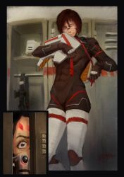  2girls absurdres android armor b1_shaman_b1 black_bodysuit black_hair bodysuit breastplate camcorder camera closed_eyes commentary_request covered_abs facial_mark forehead_mark hiding highres holding holding_camera in_locker joints kolibri_(signalis) locker locker_room multiple_girls peeking_out robot_joints short_hair shoulder_armor signalis skin_tight storch_(signalis) thigh-highs undressing video_camera white_thighhighs wide-eyed yuri 