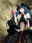  blue_hair boots brown_eyes food fruit hat highres hinanawi_tenshi holding keystone long_hair looking_at_viewer nail_polish orgia peach sitting solo touhou 