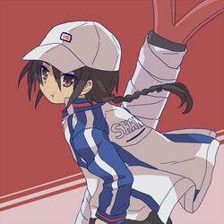  black_hair braid brown_eyes cosplay hat jacket khamsin_nbh&#039;w khamsin_nbh'w long_hair oversized_object racket shakugan_no_shana tachitsu_teto tennis_no_ouji-sama tennis_racket 