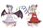  :d bat_wings blonde_hair blue_hair dress flandre_scarlet hat multiple_girls open_mouth orgia pointy_ears red_eyes remilia_scarlet ribbon_choker siblings simple_background sisters smile touhou white_background wings wrist_cuffs 