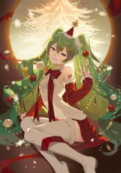  1girl arm_tattoo blurry_edges bow bowtie christmas christmas_lights christmas_ornaments christmas_ornaments_in_hair christmas_tree commentary_request crossed_bangs detached_sleeves double-parted_bangs fern_(bhbtr) full_body fur-trimmed_sleeves fur-trimmed_thighhighs fur_trim green_eyes green_hair grin hair_spread_out hand_up hat hatsune_miku highres korean_commentary long_hair looking_at_viewer miniskirt number_tattoo red_bow red_bowtie red_ribbon red_skirt red_sleeves ribbon santa_hat shirt sitting skirt sleeveless sleeveless_shirt smile snowflakes solo tattoo thigh-highs twintails very_long_hair vocaloid white_shirt white_thighhighs zettai_ryouiki 