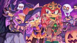  1girl 2boys anger_vein animal_nose aqua_eyes cape chao_(sonic) crossed_arms dress eyeshadow furry furry_female furry_male gloves halloween halloween_costume hat highres jack-o'-lantern knuckles_the_echidna magician makeup multiple_boys mummy_costume open_mouth orange_dress pink_eyeshadow purple_cape purple_gloves purple_hat purple_sky ririkuma0530 rouge_the_bat shadow_the_hedgehog sky sonic_(series) star_(sky) starry_sky top_hat witch witch_hat 