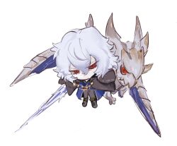  1boy 1other angry blue_coat boots brown_pants character_request coat commentary_request fur_coat gio_dwinter hair_between_eyes highres holding holding_weapon jewelry lance medium_hair messy_hair overcoat pale_skin pants permafrost_(tsukihime) polearm red_eyes tsukihime tsukihime_(remake) vlov_arkhangel weapon white_hair 