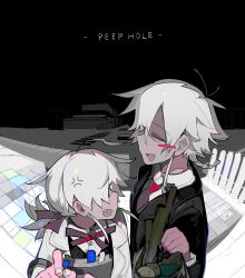  1boy 1girl ahoge anger_vein angry antenna_hair bag black_background black_jacket blush_stickers braid clipboard closed_eyes coat collared_shirt colored_eyelashes commentary_request english_text fang fisheye food formal_clothes groceries grocery_bag hair_ribbon highres holding holding_bag holding_clipboard jacket lab_coat long_sleeves looking_at_another mk1liaoqian necktie open_mouth original pen plastic_bag ponytail red_eyes ribbon road shirt shopping_bag short_hair single_blush_sticker smile spring_onion suit vegetable white_eyelashes white_hair white_shirt 