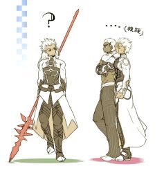  3boys archer_(fate) armor breastplate buzz_cut coat commentary_request crew_cut dark-skinned_male dark_skin emiya_alter fate/extra fate/grand_order fate/stay_night fate_(series) gae_bolg_(fate) holding holding_polearm holding_weapon long_hair male_focus multiple_boys polearm senka-san short_hair spear spiky_hair very_dark_skin very_short_hair weapon white_hair 