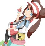  bad_id bag blue_eyes breasts brown_hair cleavage double_bun female_protagonist_(pokemon_bw2) holding holding_poke_ball looking_at_viewer mei_(pokemon) miniskirt pantyhose poke_ball pokemon pokemon_(game) pokemon_bw2 raglan_sleeves ribbon shoes shoulder_bag sitting skirt sneakers solo tamakorogashi tears torn_clothes torn_pantyhose twintails visor_cap white_background 