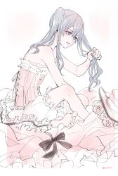  1boy artist_name barefoot border ciel_phantomhive clenched_teeth commentary_request corset crossdressing crossdressing_(mtf) earrings feet full_body grabbing_own_hair hair_between_eyes hat heterochromia highres holding holding_own_hair indian_style jewelry kuroshitsuji long_hair male_focus parted_lips pink_corset sitting solo teeth unworn_hat unworn_headwear white_border yu_ki_koo 