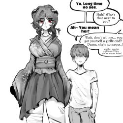  1boy 1girl bdsm bondage bound breasts english_text faceless faceless_male highres horns japanese_clothes kimono monochrome oligogi_meoggosipda red_eyes tall_female white_background 