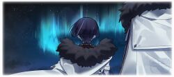  1boy aiguillette aurora blunt_ends border character_request coat facing_away fatui_coat from_behind fur-trimmed_coat fur_trim genshin_impact gold height_difference jewelry multicolored_hair neck_ring night outdoors purple_hair purple_rope rope scaramouche_(genshin_impact) sky star_(sky) starry_sky streaked_hair w_0reha watermark white_border white_coat 