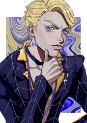  1boy arm_up black_choker blonde_hair blue_eyes choker closed_mouth collarbone commentary_request hand_on_own_chin highres jojo_no_kimyou_na_bouken lapels long_sleeves looking_at_viewer male_focus notched_lapels odoruzatta parted_bangs patterned_clothing prosciutto_(jojo) short_hair solo upper_body v-shaped_eyebrows vento_aureo 