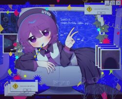  1girl 2026 beret black_boots black_hat black_skirt black_sleeves boots character_name collared_shirt contrast_collar dated error_message eyes_visible_through_hair fingernails hair_between_eyes hat headset highres jitome karimei_(karimei_0415) long_sleeves monitor nail_polish necktie purple_hair purple_nails purple_necktie purple_trim robot_ears shirt short_hair skirt solo utane_uta v violet_eyes window_(computing) 