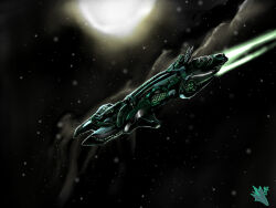  advanced_ship_(eve_online) artist_logo battleship_(eve_online) commentary concept_art dark_background english_commentary eve_online flying gallente_federation_(eve_online) glowing highres logo novafox original outdoors space spacecraft star_(sky) starry_sky_background vehicle_focus 