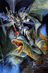  1980s_(style) 1990s_(style) 2boys absurdres armor blood blood_on_weapon castle claws dragon dunbine fangs fantasy gem highres knight mecha medieval monster multiple_boys official_art painting_(medium) promotional_art realistic redesign retro_artstyle robot scan science_fiction seisenshi_dunbine shield soldier stairs sword takani_yoshiyuki tongue traditional_media weapon wings 