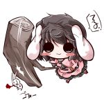  :3 animal_ears black_hair blood bunny bunny_ears carrot chibi holding inaba_tewi lowres o_o rabbit rabbit_ears shin_no simple_background solid_circle_eyes solo striped touhou translation_request white_background 