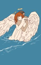  1boy 1girl angel angel_devil's_lover angel_devil_(chainsaw_man) angel_wings brown_hair chainsaw_man closed_eyes couple dark-skinned_female dark_skin facial_tattoo halo highres holding hug light_smile nejiaji ocean red_hair spoilers tattoo wading wings 