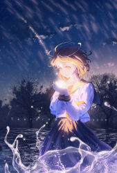  1girl absurdres artist_name blue_sailor_collar blue_skirt brown_hair clouds commentary_request cupping_hands dated film_grain hands_up highres light_particles long_skirt long_sleeves looking_at_object neckerchief original outdoors own_hands_together pleated_skirt sailor_collar school_uniform short_hair skirt sky solo splashing standing star_(sky) starry_sky teardrops_(user_vgvd7733) tree water 