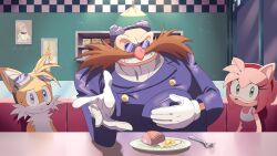  1girl 2boys amy_rose animal_nose anime_coloring blue_coat blue_eyes coat dr._eggman dress facial_hair fried_egg furry furry_female furry_male goggles goggles_on_head green_eyes grin highres indoors looking_at_viewer multiple_boys mustache pink_hair raised_inner_eyebrows red_dress restaurant ririkuma0530 smile sonic_(series) sonic_the_hedgehog_(idw) sunglasses tails_(sonic) 
