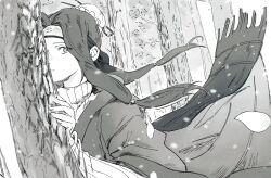  1boy against_tree androgynous behind_tree bun_cover closed_mouth english_commentary forehead_protector forest greyscale haku_(naruto) highres inel-ens japanese_clothes kimono kirigakure_symbol long_hair long_sleeves monochrome naruto_(classic) naruto_(series) nature outdoors petals scarf sidelocks solo sweater trap tree wind 