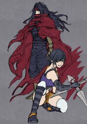  1boy 1girl bare_shoulders black_gloves black_hair black_pants black_shirt boots breasts brown_eyes clawed_gauntlets cloak covered_mouth crop_top dirge_of_cerberus:_final_fantasy_vii elbow_gloves final_fantasy final_fantasy_vii full_body gloves gold_boots green_headband grey_background grin hair_between_eyes headband highres holding holding_shuriken holding_weapon long_hair medium_breasts midriff official_alternate_costume on_one_knee orange_shorts pants parted_lips pulupulupoodle purple_shirt red_cloak red_eyes red_headband shirt short_hair shorts shuriken single_elbow_glove sketch smile socks standing striped_clothes striped_socks teeth thigh-highs vincent_valentine weapon white_thighhighs yuffie_kisaragi 