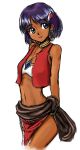  blue_eyes bob_cut dark_skin earrings fushigi_no_umi_no_nadia hair_ornament hairclip head_tilt jewelry light_smile loincloth looking_back midriff nadia navel neck_ring necklace purple_hair short_hair sketch tubetop urara_(dt8) vest 