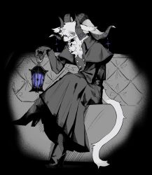  1boy absurdres animal_ears body_fur boots closed_mouth commentary_request couch crossed_legs dress furry furry_male gloves goat_boy goat_ears goat_horns grey_boots grey_dress grey_eyes grey_fur grey_gloves grey_horns hariuddozyoyuu highres holding holding_lantern horns lantern long_horns neck_fur on_couch original sitting solo white_fur white_tail 