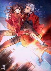  1boy 1girl archer_(fate) black_bodysuit black_bow black_pantyhose black_skirt blue_eyes blue_sky bodysuit bow bowtie brown_hair brown_sweater_vest building buttons carrying city closed_mouth coat dark-skinned_male dark_skin day fate/stay_night fate_(series) feet_out_of_frame fingernails floating_clothes floating_hair flying full_body gradient_sky grey_eyes grey_hair hair_between_eyes hair_bow hand_on_another's_shoulder hand_up hands_up highres jacket lapels long_sleeves looking_to_the_side miniskirt open_clothes open_jacket orange_bow orange_bowtie orange_scarf outdoors pantyhose pleated_skirt princess_carry red_coat red_jacket scarf shoes short_hair sidelocks skirt sksk_sn09 sky skyscraper spiky_hair sun sunlight sweater_vest teeth thigh_strap tohsaka_rin two_side_up white_shoes 