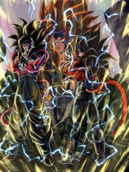  black_hair blue_eyes blue_sash body_fur commentary_request dougi dragon_ball dragon_ball_gt gogeta highres long_hair male_focus metamoran_vest monkey_boy monkey_tail multiple_boys muscular muscular_male no_nipples pants pectorals red_fur red_hair sai_t_d saiyan sash son_goku spiky_hair super_saiyan super_saiyan_4 tail vegeta yellow_pants 