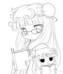  :o absurdres bangs bespectacled blunt_bangs book chibi crescent dual_persona fang flat_gaze glasses hat highres lineart long_hair monochrome multiple_girls patchouli_knowledge reading touhou transparent_background yume_shokunin 
