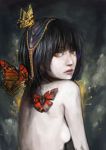  black_hair butterfly copyright_request danann hair_ornament head_piece lips looking_back nude solo yellow_eyes 