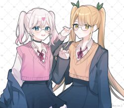  2girls :d alternate_costume alternate_hairstyle artist_name bespectacled black_choker black_jacket black_skirt blonde_hair blue_eyes blush bow bowtie choker commentary facial_mark glasses gradient_hair green_ribbon hair_ornament hair_ribbon heart heart_facial_mark heart_hair_ornament highres ima_(kon_kon_5) inda_karane jacket jacket_partially_removed kedarui_aashii kimi_no_koto_ga_dai_dai_dai_dai_daisuki_na_100-nin_no_kanojo layered_sleeves long_hair long_sleeves mark_under_eye multicolored_hair multiple_girls open_clothes open_jacket open_mouth orange_vest pink_hair pink_vest red_bow red_bowtie ribbon shirt short_hair simple_background skirt sleeves_past_wrists smile twintails twitter_username very_long_hair vest white_background white_hair white_shirt wing_collar yellow_eyes 