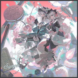  2girls absurdres black_shoes blackberry_(fruit) blunt_bangs border bow brown_border cherry closed_mouth dessert dress eteru food frills fruit full_body grey_eyes hair_ornament headdress highres long_hair long_sleeves looking_at_viewer lying multiple_girls on_back oreo original parted_lips pink_bow shoes siblings socks square star_(symbol) white_hair white_socks wide_sleeves 