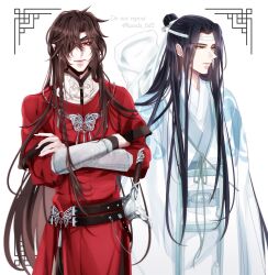  2boys belt bishounen black_belt black_hair blue_sash bracelet braid bug butterfly_necklace butterfly_ornament chinese_clothes closed_mouth coat commentary_request creator_connection crossed_arms crossover e-ming_scimitar eyepatch guqin hair_over_one_eye hanfu headband highres hua_cheng instrument_case instrument_on_back jewelry kanda_faf2 lan_wangji long_hair long_sleeves looking_at_viewer male_focus mandarin_collar modao_zushi multiple_belts multiple_boys necklace one_eye_covered open_clothes open_coat pointy_ears ponytail red_eyes red_hanfu robe sash scimitar sheath sheathed shoulder_strap side_braid silver_bracelet silver_necklace simple_background single_braid smile standing sword tassel tianguan_cifu topknot twitter_username very_long_hair wangji_guqin weapon white_background white_coat white_hanfu white_headband white_sash wide_sleeves xiao_guan_(headdress) yaopei yellow_eyes yuanlingpao 
