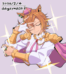  1girl animal_ears armor breasts cape closed_eyes closed_mouth commentary_request cropped_torso crown dogeyama_um facing_viewer fingerless_gloves gloves gold_corset hair_between_eyes highres horse_ears horse_girl jewelry long_sleeves mini_crown multiple_rings orange_hair pink_cape ring shirt short_hair shoulder_armor single_fingerless_glove smile solo sparkle t.m._opera_o_(o_sole_suo!)_(umamusume) t.m._opera_o_(umamusume) umamusume white_gloves white_shirt 