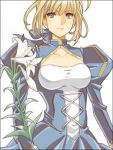  ahoge blonde_hair blue_eyes dress fate/zero fate_(series) flower hair_ribbon juliet_sleeves lily_(flower) long_sleeves puffy_shoulders_long_sleeves puffy_sleeves ribbon saber solo tegaki warai 