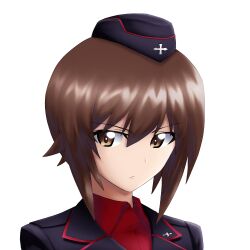  1girl black_hat black_jacket brown_eyes brown_hair cross eyes_visible_through_hair garrison_cap girls_und_panzer hair_between_eyes hat iron_cross jacket kuromorimine_military_uniform looking_at_viewer military military_hat military_jacket military_uniform nishizumi_maho red_shirt rhun shirt short_hair solo transparent_background upper_body 