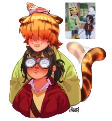  1boy 1girl animal_ear_fluff animal_ears animal_on_head awmseem behind_another bird bird_on_head blanc_(heartopia) blonde_hair blush brown_hair coke-bottle_glasses commentary english_commentary full-face_blush game_screenshot_inset glasses hair_over_eyes head_on_head head_rest heartopia height_difference highres multicolored_hair on_head opaque_glasses player_character_(heartopia) round_eyewear screenshot_inset side_ponytail striped_tail tail tail_wagging tiger_boy tiger_ears tiger_tail two-tone_hair white_background 