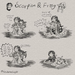  1girl artist_name carrying chibi commentary dress english_commentary english_text eruka_frog goldstarknight hat highres long_hair looking_at_another monochrome piggyback ponytail shaula_gorgon smile soul_eater soul_eater_not! stab symbol-shaped_pupils traditional_media unconscious water wet witch_hat 