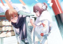  1boy 1girl a-chan_(little_busters!) alternate_costume alternate_hairstyle black_scarf blue_eyes blurry blurry_background blush commentary couple cowboy_shot day ema eyelashes eyes_visible_through_hair floral_print floral_print_kimono flower from_side fur-trimmed_kimono fur_trim grin hair_between_eyes hair_bun hair_flower hair_ornament hand_up hatsumoude hetero holding holding_ema japanese_clothes kanzashi kimono leaning_forward little_busters! long_hair long_sleeves looking_at_another miiizuno_lbs natsume_kyousuke new_year open_mouth outdoors print_kimono profile red_eyes scarf short_hair single_hair_bun smile snow snowing translated tsurime white_flower white_kimono wide_sleeves winter 