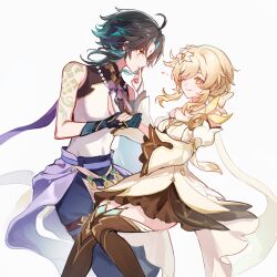  1boy 1girl arm_tattoo bare_shoulders beads black_hair blonde_hair boots commentary_request couple detached_sleeves dress facial_mark forehead_mark genshin_impact green_hair hand_grab hand_on_another's_mouth heart hetero highres hoxino lumine_(as_heaven_and_earth_are_made_anew)_(genshin_impact) lumine_(genshin_impact) multicolored_hair one_eye_closed streaked_hair tattoo thigh_boots white_background xiao_(genshin_impact) yellow_eyes 