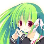  blush green_hair hair_ribbon long_hair lowres original red_eyes ribbon sakura_hanpen school_uniform serafuku smile solo steepled_fingers 